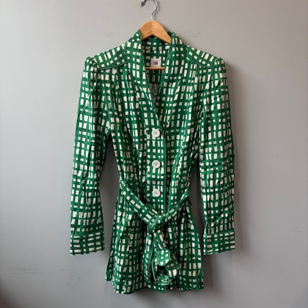 Cabi Cricuit Jacket Green White Linen Rayon Blend Belted 6025 Small